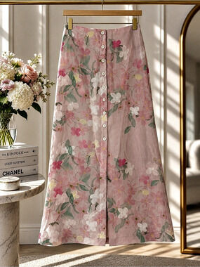 BERNADETTE Pink Floral Linen Button Front Maxi Skirt Size 38